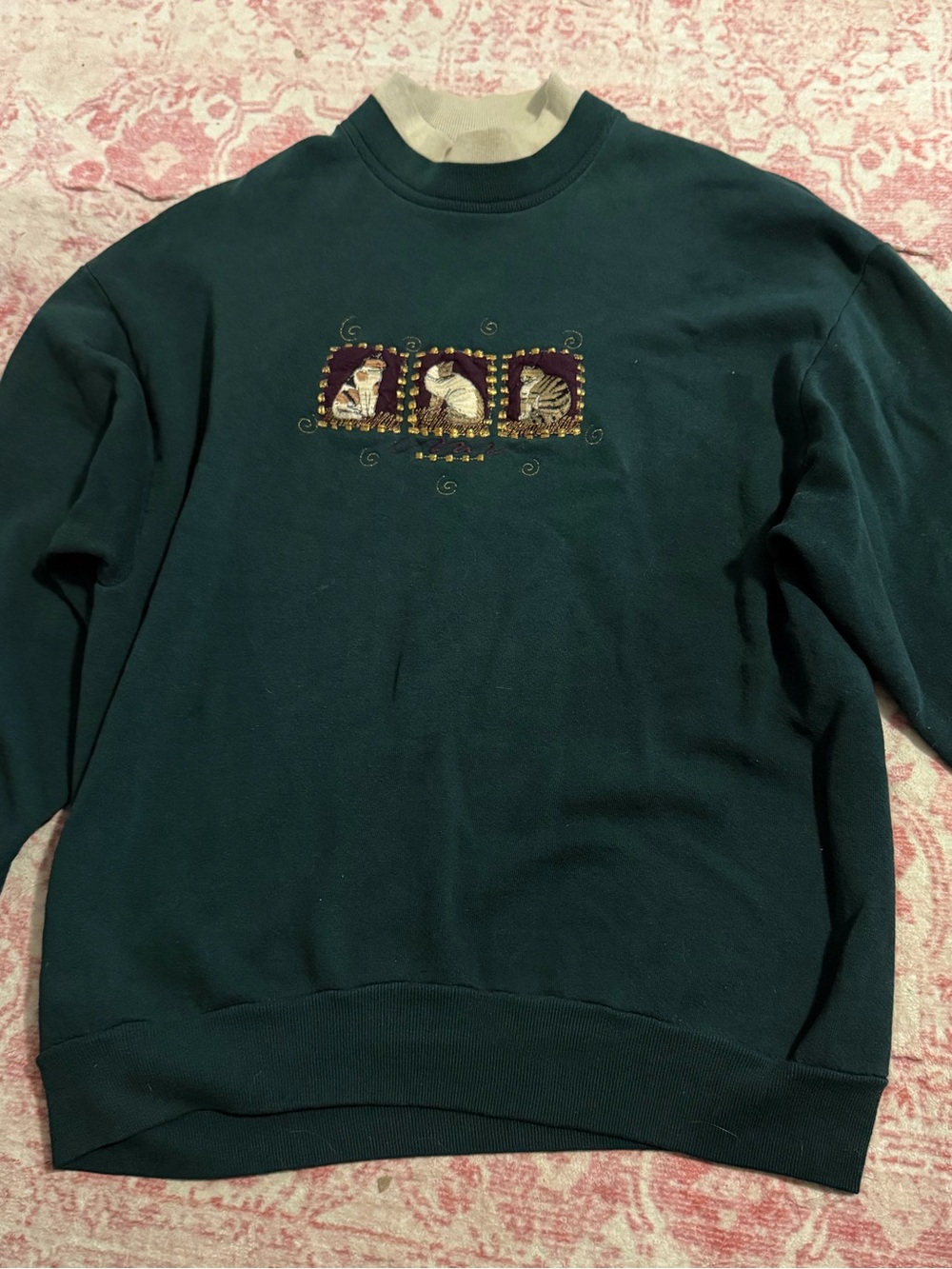 Men's Dark Green Crewneck Sweater with Cat Embroidery